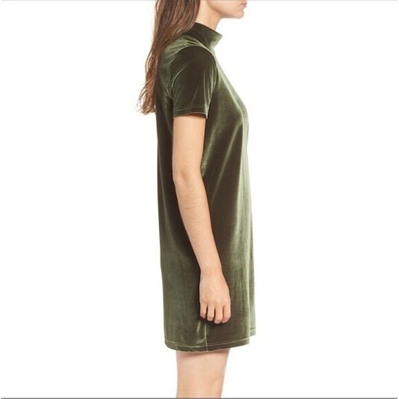 Madewell Velvet Dress Large Mini Shift Green Short Sleeve Mock Neck Stretchy - Picture 2 of 12